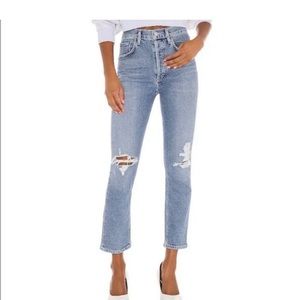AGOLDE high rise Riley jeans, ripped knee, button fly